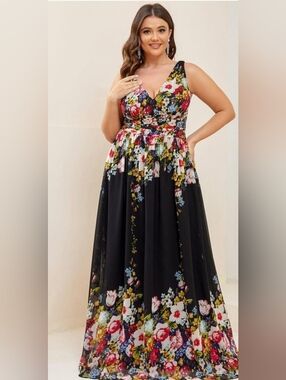 Sleeveless V Neck Black Chiffon Gown With Bold, Colorful Floral Motif